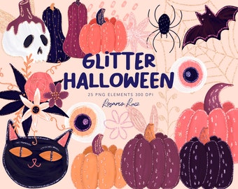Glitter Halloween Clipart, Blush Halloween Clipart, Pink Pumpkin Clip Art, kawaii  glitter, party decor, cute happy halloween, cat clipart