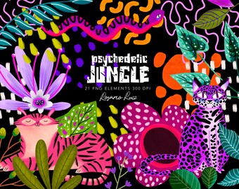 Colorful Jungle Clipart, Pink tiger - clip art jungle friends - printable clip art  - snake - Leopard - Jaguar, cute psychedelic animals