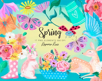 Spring Clipart, Spring Pastel clip art, spring flowers, deer, bird, ladybug, butterfly, bunny, gardening, umbrella - Small Commercial Use