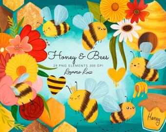 Bees Clipart - Honey clip art, honey graphics, spring bees clipart, flowers & bees, honeycomb, queen bee,  Small Commercial Use