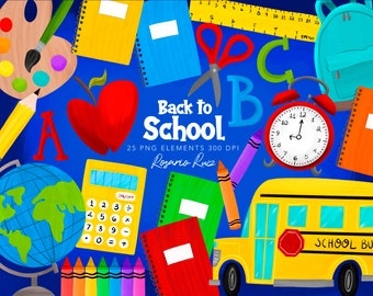 Back to school clipart - School clipart - school bus - school elements - apple - globle, crayons -ruler, sticker, small comercial use