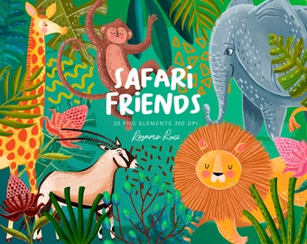 Safari Clipart, cute lion clipart - Africa friends,  giraffe - elephant clipart - oryx gemsbok - monkey - safari animals - Jungle animals