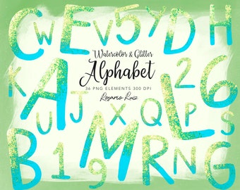 Blue Glitter Alphabet Clipart , Party Alphabet Clipart, Numbers and letters Clipart - glitter fonts - Blue and green Glitter letters