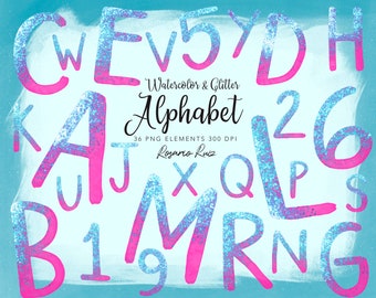 Pink Glitter Alphabet Clipart , Party Alphabet Clipart, Numbers and letters Clipart - glitter fonts - Pink and blue Glitter letters