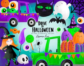 Drive by Halloween Clipart, Halloween party Clipart, Halloween cars parade, Trunk or Treat, Citrouille, sorcière, chat, petit usage commercial
