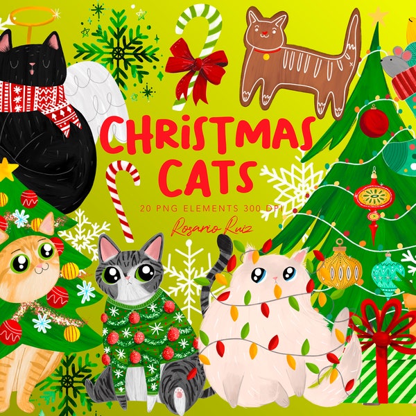 Christmas Cats Clipart, Funny cats clipart, Gingerbread cat, ugly sweater cat, cute clipart cat, holiday cats, costume christmas cats tree