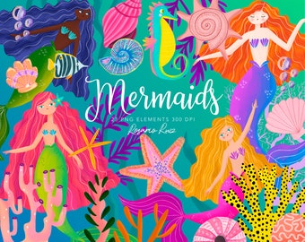 Mermaids Clipart princess , cute mermaid - printable clip art -  Coral - Bubbles - Shells -  seahorse - Little Mermaid - starfish