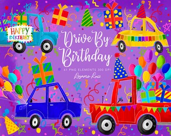 Car clipart - Drive-by Birthday Party parade clipart, vehicle clipart -quarantine birthday party, drive thru party, colorful car graphics