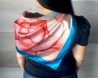 Capri Square Scarf, Elegant Square Silk Scarf With Blue Border, Ink Design Scarf, French Silk Scarf, Woman Scarf, Neck Scarf, 34x34 in.