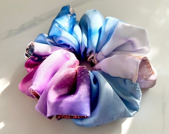 Blue, Pink, Purple Silk Scrunchie, Pink Wrist Scrunchie, Ink Design Scrunchie, Ponytail Scrunchie, Parisian Hair Tie, Silk Hair Accessorie