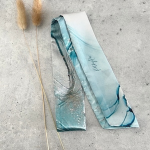 French Bleu Silk Skinny Scarf: Alcohol Ink Design, USA Made