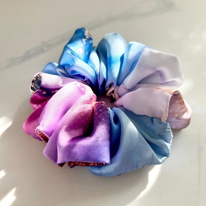 Blue, Pink, Purple Silk Scrunchie, Pink Wrist Scrunchie, Ink Design Scrunchie, Ponytail Scrunchie, Parisian Hair Tie, Silk Hair Accessorie image 1