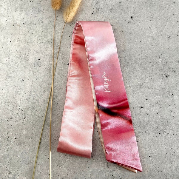 Dusty Rose Silk Skinny Scarf, Wrist Scarf, Skinny Silk Scarf, Ink Design Scarf, Head Scarf, Purse Scarf, Pink Gold Hair Scarf, Headband