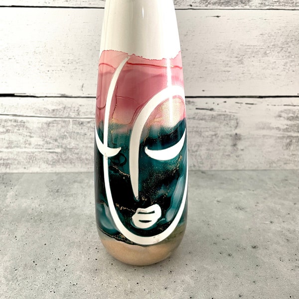 Alcohol Ink Vase, Green Pink and Gold Ceramic Vase, Hand Painted Vase, Original Alcohol Ink Vase, Line Art Vase, , Birthday Gift, Christmas