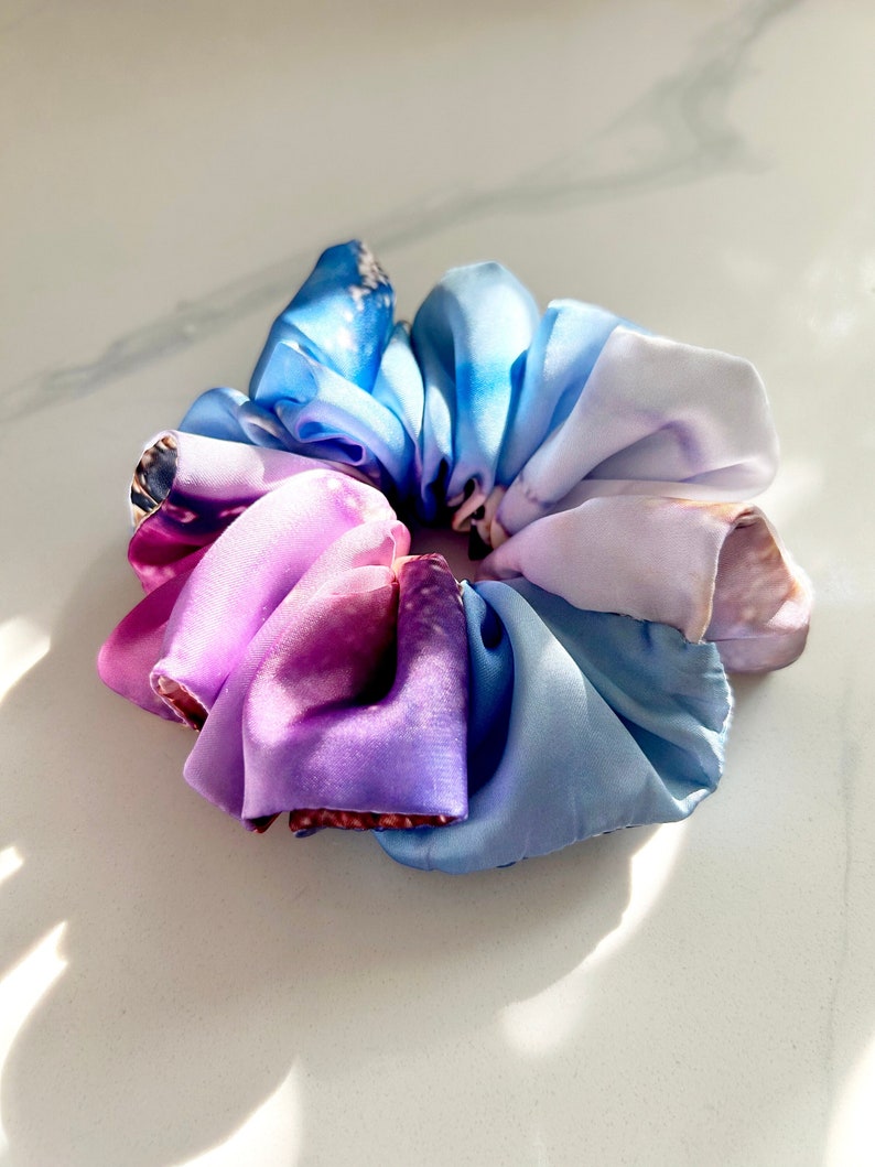 Blue, Pink, Purple Silk Scrunchie, Pink Wrist Scrunchie, Ink Design Scrunchie, Ponytail Scrunchie, Parisian Hair Tie, Silk Hair Accessorie image 1