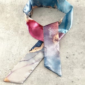 Kali Silk Skinny Scarf, Wrist Scarf, Skinny Silk Scarf, Ink Design Scarf, Head Scarf, Purse Scarf, Purple Blue Gold Hair Scarf, Headband