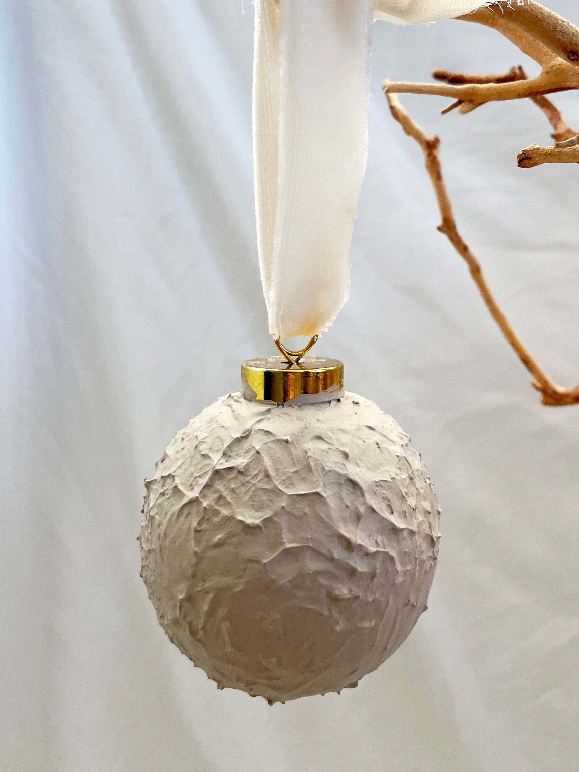 Textured Cream Round Ornament, Beige Christmas Ornament, Hand Made