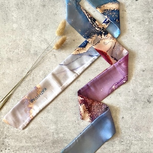 Makayla Skinny Scarf, Wrist Scarf, Skinny Silk Scarf, Ink Design Scarf, Head Scarf, Purse Scarf, Parisian Hair Scarf, Silk Headband