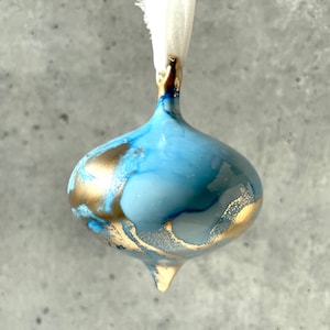 French Blue and Gold Christmas Ornament, Hand Painted Porcelain Ornament, Original Alcohol Ink Ornament, Abstract, Holiday Dcor