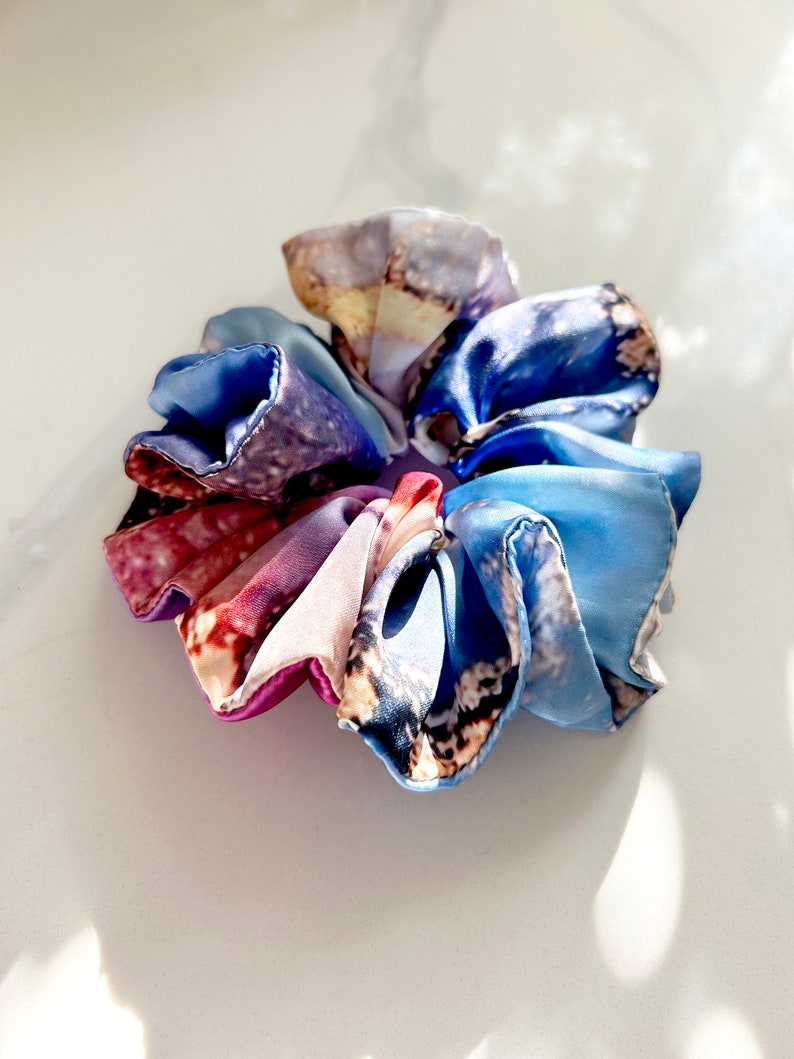 Blue, Pink, Purple Silk Scrunchie, Pink Wrist Scrunchie, Ink Design Scrunchie, Ponytail Scrunchie, Parisian Hair Tie, Silk Hair Accessorie image 3