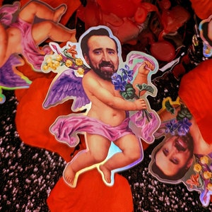 Holographic CUPID Nic Cage Sticker | Nicolas Cage, Nick Cage, Heart, Love, Valentines, Collage, Kitsch, Gift, Funny, Celebrity, Hollywood