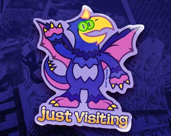 Just Visiting Sticker | Monster, Cryptid, Cryptozoology, Van Meter Visitor, Iowa, Pterosaur, Legendary, Bigfoot, Mothman, Sticker