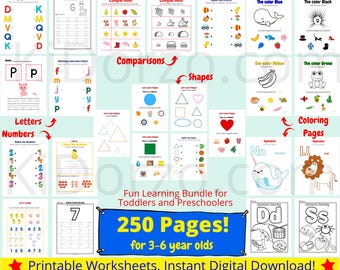 Vorschul-Arbeitsblätter-Paket (250 Seiten), Kleinkind-Übungen, Alphabet-Nachzeichnen, Zahlen, Formen, Ausmalen, Vorschule & Kindergarten (3-6 Jahre)