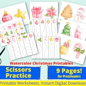 May include: Nine printable Christmas-themed worksheets for preschoolers. The worksheets feature a variety of Christmas images, including ornaments, candy canes, stars, and a snowman. The worksheets are designed to help children practice cutting with scissors.