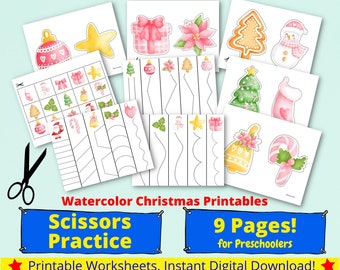 Watercolor Christmas Preschool Scissors Practice Printables, Instant PDF Download