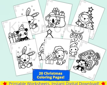 20 Christmas Coloring Pages Printables, Winter Animal Coloring, Instant PDF Download