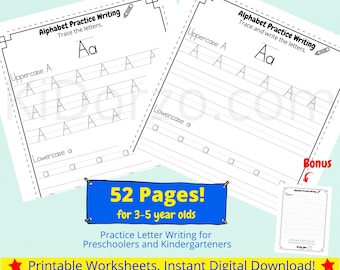 52 Alphabet Tracing Worksheets with BONUS Writing Sheet l Printable Letter Tracing I Preschool and Kindergarten Tracing Worksheets