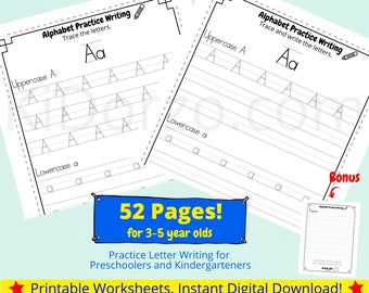 52 Alphabet Tracing Worksheets with BONUS Writing Sheet l Printable Letter Tracing I Preschool and Kindergarten Tracing Worksheets
