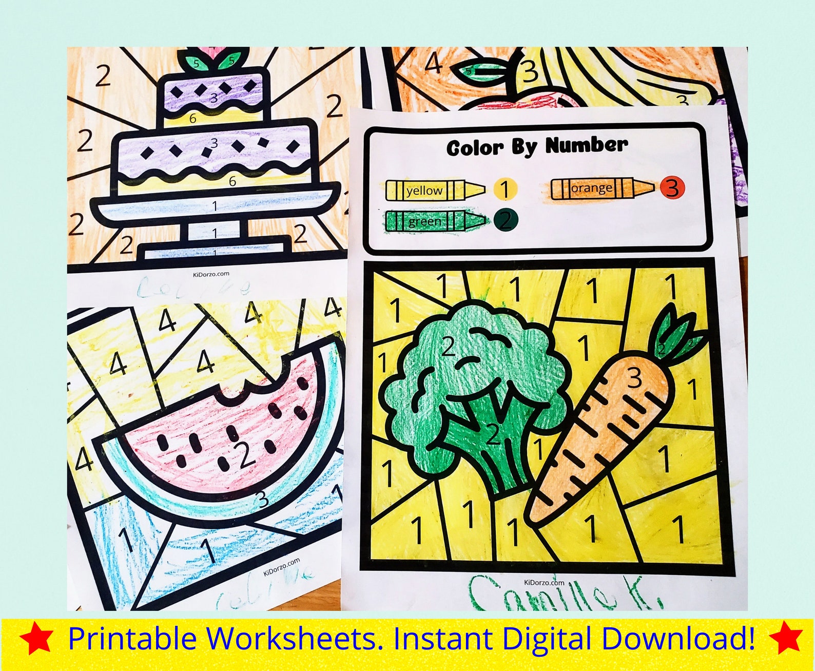 Color by number kids printable food theme coloring pages for etsy