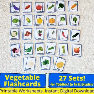 May include: A set of 27 printable vegetable flashcards for toddlers to first graders. The flashcards feature colorful illustrations of various vegetables, such as broccoli, carrots, and peppers, with their names printed below each image. The text "Vegetable Flashcards" is printed in blue on a white background with a red star on either side. The text "27 Sets! for Toddlers to First Graders" is printed in white on a blue background. The text "Printable Worksheets. Instant Digital Download!" is printed in white on a red background.