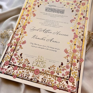Floral Handgemaltes Nikkah-Zertifikat, A3 Islamischer Hochzeitsvertrag, Nikahnama, personalisierte Namen, anpassbare muslimische Heiratsurkunde