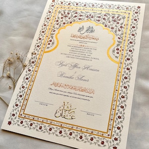 Elegant Handpainted Nikkah Certificate, A4 & A3 Islamic Wedding contract, Nikahnama, Personalised Names, Customisable Marriage Certificate