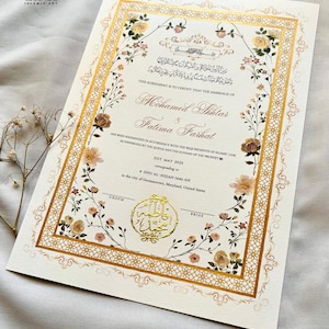 Elegante certificado Nikkah floral pintado a mano, contrato de boda islámico A3, Nikahnama, nombres personalizados, certificado de matrimonio personalizable