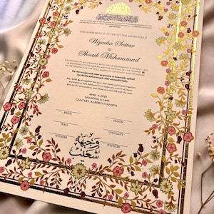 Premium handgemalte Nikkah-Urkunde, A3 Islamischer Hochzeitsvertrag, Nikahnama, personalisierte Namen, anpassbare muslimische Heiratsurkunde