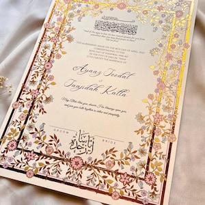 Certificat Nikkah peint à la main pastel de rêve, contrat de mariage islamique A3, Nikahnama, noms personnalisés, certificat de mariage personnalisable
