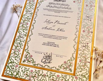 Elegant A3 Handpainted Nikah Certificate: Islamic Wedding Contract, Nikah Nama, Personalised Names, Customisable Muslim Marriage Certificate