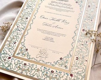 Elegante certificato Nikah A3 dipinto a mano: contratto di matrimonio islamico, Nikah Nama, nomi personalizzati, certificato di matrimonio musulmano personalizzabile