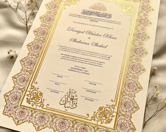 A3 Luxury Handpainted Nikah Certificate: Islamic Wedding Contract, Nikah Nama, Gold Leaf Arabic Names, Custom Muslim Marriage Certificate