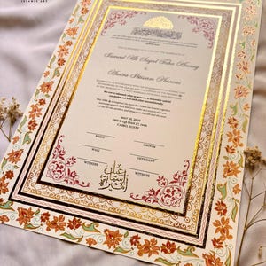Certificado Nikkah pintado a mano, contrato de boda islámico de lujo A3, Nikahnama, nombres personalizados, certificado de matrimonio musulmán personalizable