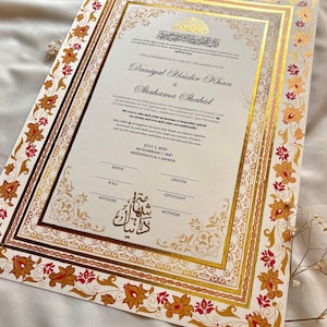 Luxury Red & Gold Handpainted Nikah Certificate, A3 Islamic Wedding contract, Nikahnama, Personalised Names, Custom Marriage Certificate