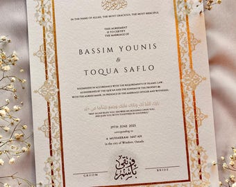 Elegant Gold Handpainted Marriage Certificate: A3 Personalised Islamic Nikahnama with Arabic couple names logo
