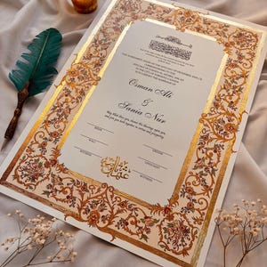 Luxus handgemaltes Nikkah-Zertifikat, anpassbarer islamischer Hochzeitsvertrag in A3, Nikahnama, personalisierte Namen, muslimische Heiratsurkunde