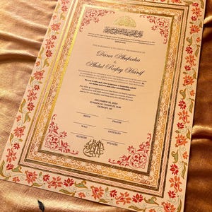 Handgemaltes Nikkah-Zertifikat, Islamischer Luxushochzeitsvertrag A3, Nikahnama, personalisierte Namen, anpassbare muslimische Heiratsurkunde