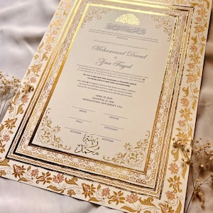 Luxus Gold handbemalt Nikkah Zertifikat, A3 Islamischer Hochzeitsvertrag, Nikahnama, personalisierte Namen, anpassbare Heiratsurkunde