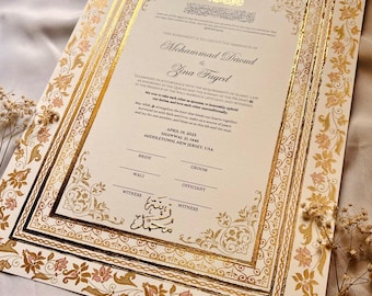 Certificato Nikah di lusso in formato A3 dipinto a mano in oro: contratto di matrimonio islamico, Nikahnama in foglia d'oro, nomi arabi, certificato di matrimonio musulmano personalizzato