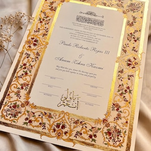 Handbemaltes Gold mit roten Rosen Nikkah-Zertifikat, anpassbarer islamischer Hochzeitsvertrag in A3, Nikahnama, muslimische Heiratsurkunde